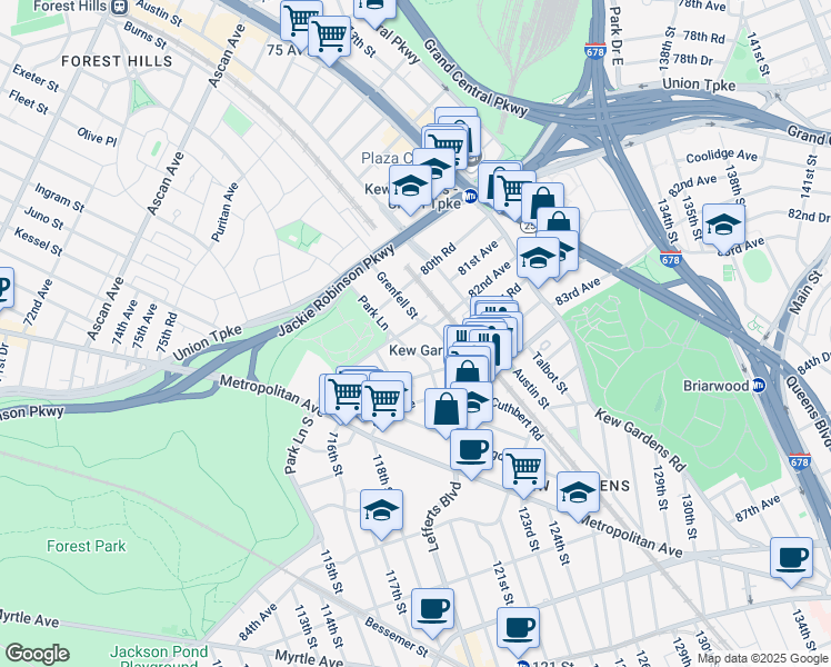 map of restaurants, bars, coffee shops, grocery stores, and more near 1-51 Park Lane South in Queens
