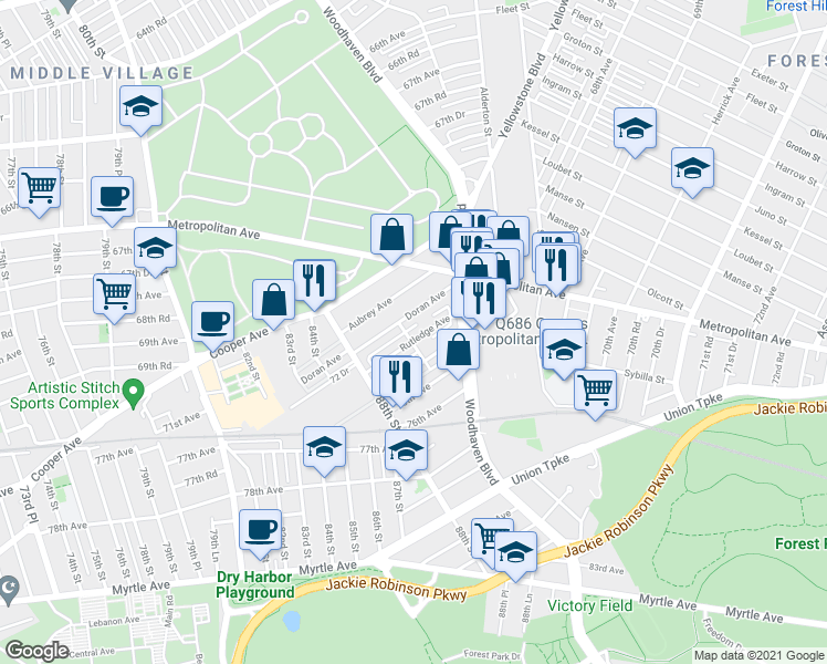 map of restaurants, bars, coffee shops, grocery stores, and more near 89-05 Rutledge Avenue in Queens