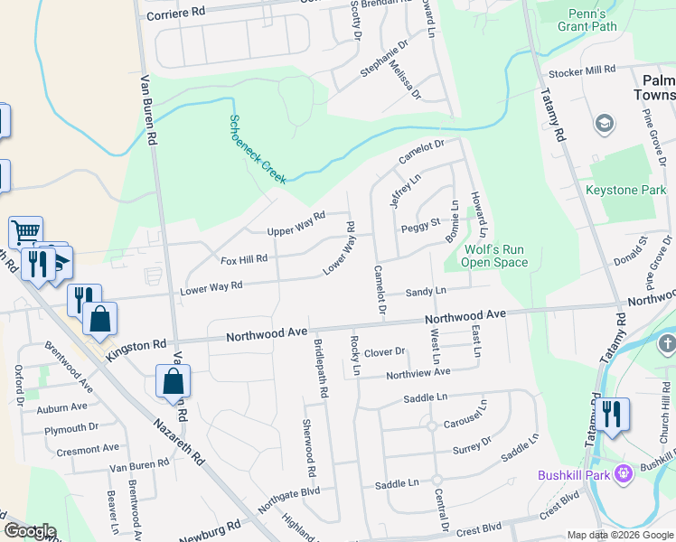 map of restaurants, bars, coffee shops, grocery stores, and more near 122 Lower Way Road in Easton