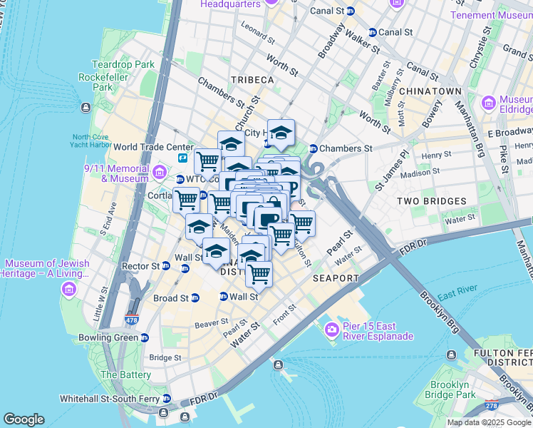 map of restaurants, bars, coffee shops, grocery stores, and more near 119 Fulton Street in New York