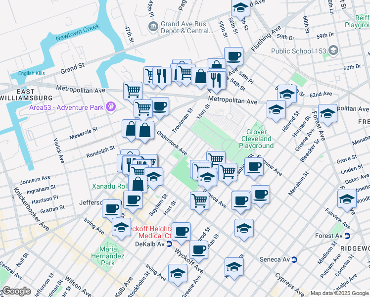 map of restaurants, bars, coffee shops, grocery stores, and more near 18-55 Willoughby Avenue in Queens