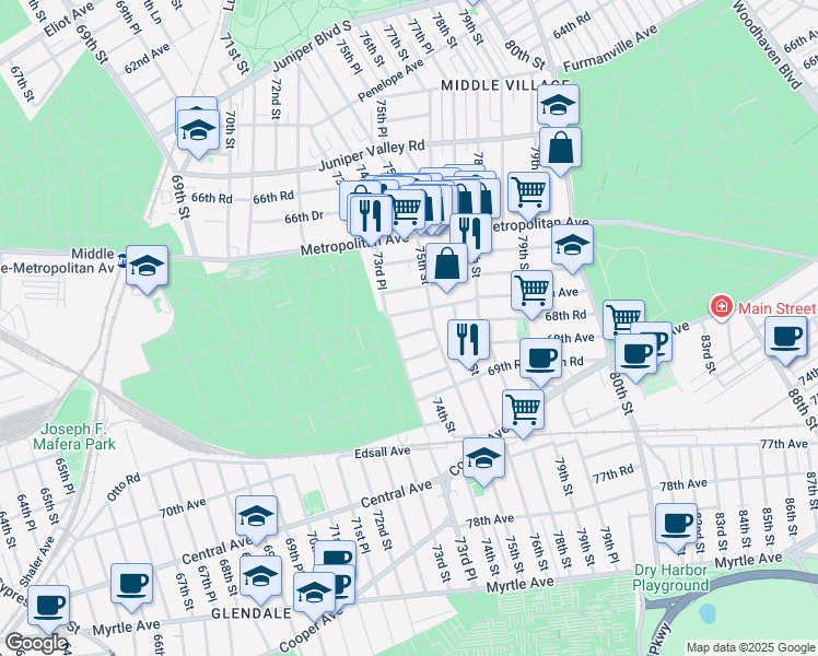 map of restaurants, bars, coffee shops, grocery stores, and more near 73-15 68th Road in Queens