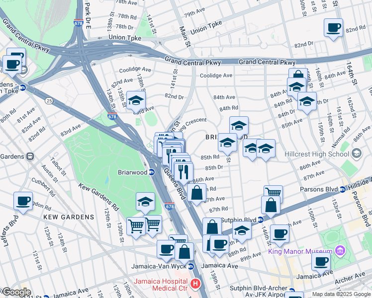 map of restaurants, bars, coffee shops, grocery stores, and more near 140-17 84th Drive in Queens
