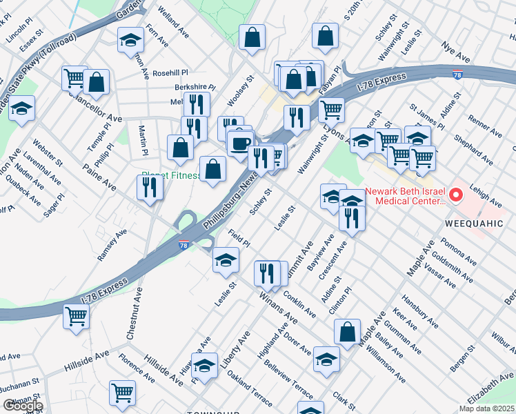 map of restaurants, bars, coffee shops, grocery stores, and more near 361 Keer Avenue in Newark