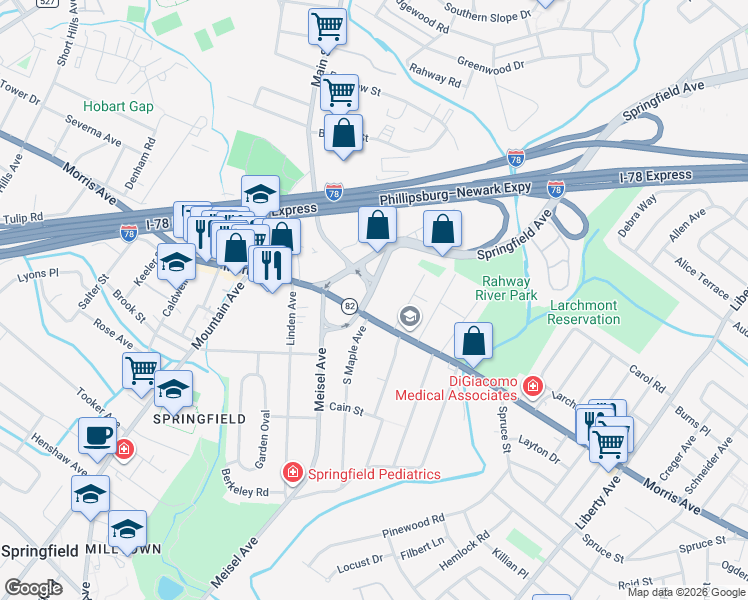 map of restaurants, bars, coffee shops, grocery stores, and more near 20 Maple Avenue in Springfield Township