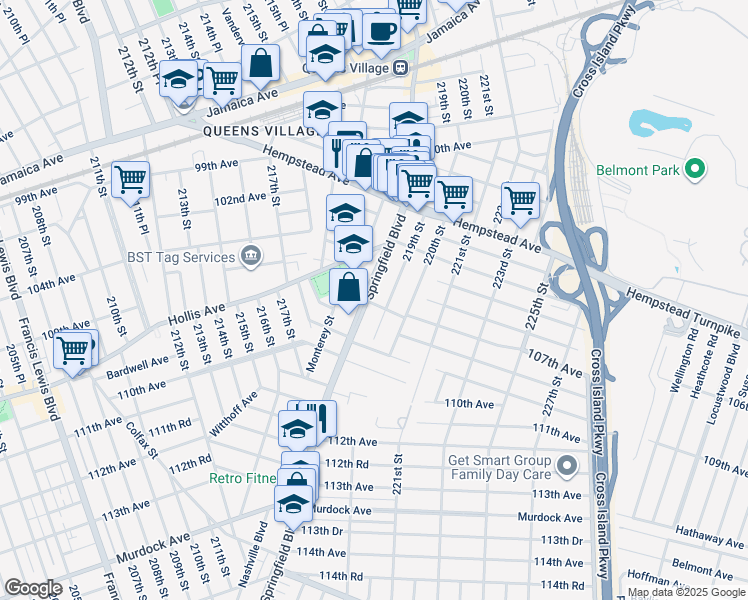 map of restaurants, bars, coffee shops, grocery stores, and more near 104-71 Springfield Boulevard in Queens
