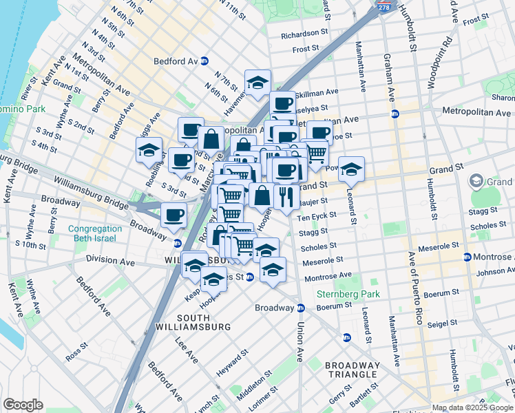map of restaurants, bars, coffee shops, grocery stores, and more near 359 South 2nd Street in Brooklyn
