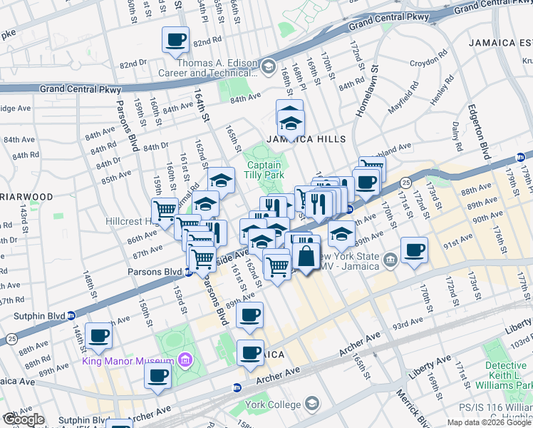 map of restaurants, bars, coffee shops, grocery stores, and more near 164-20 Highland Avenue in Queens