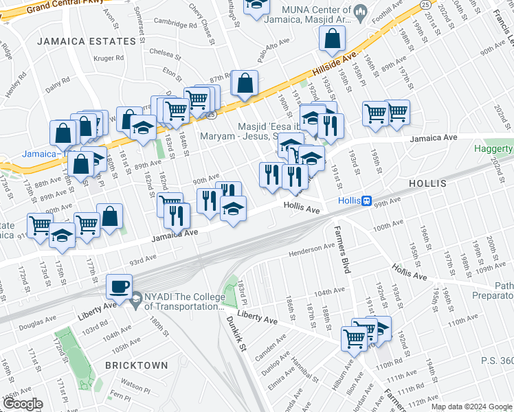 map of restaurants, bars, coffee shops, grocery stores, and more near 186-01 Jamaica Avenue in Queens