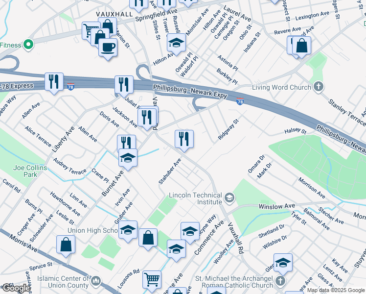 map of restaurants, bars, coffee shops, grocery stores, and more near 2443 Vauxhall Road in Union