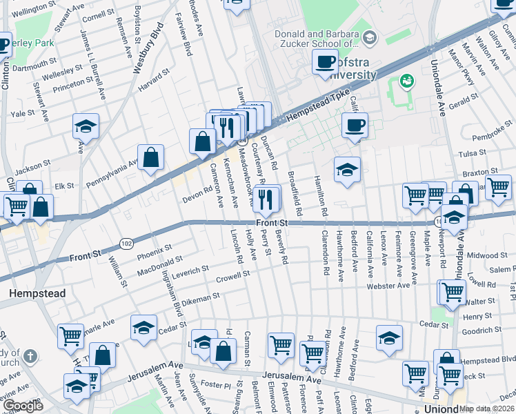 map of restaurants, bars, coffee shops, grocery stores, and more near 120 Meadowbrook Road in Hempstead