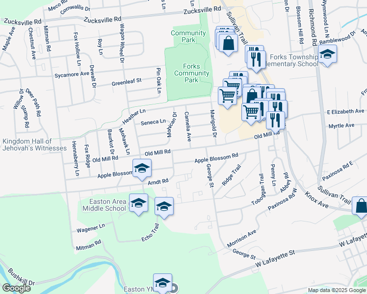 map of restaurants, bars, coffee shops, grocery stores, and more near 527 Old Mill Road in Easton