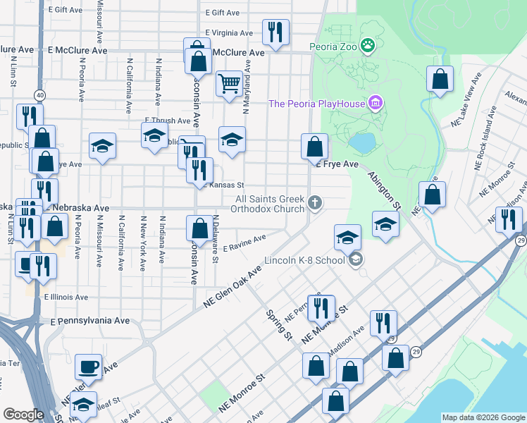 map of restaurants, bars, coffee shops, grocery stores, and more near 1020 East Nebraska Avenue in Peoria