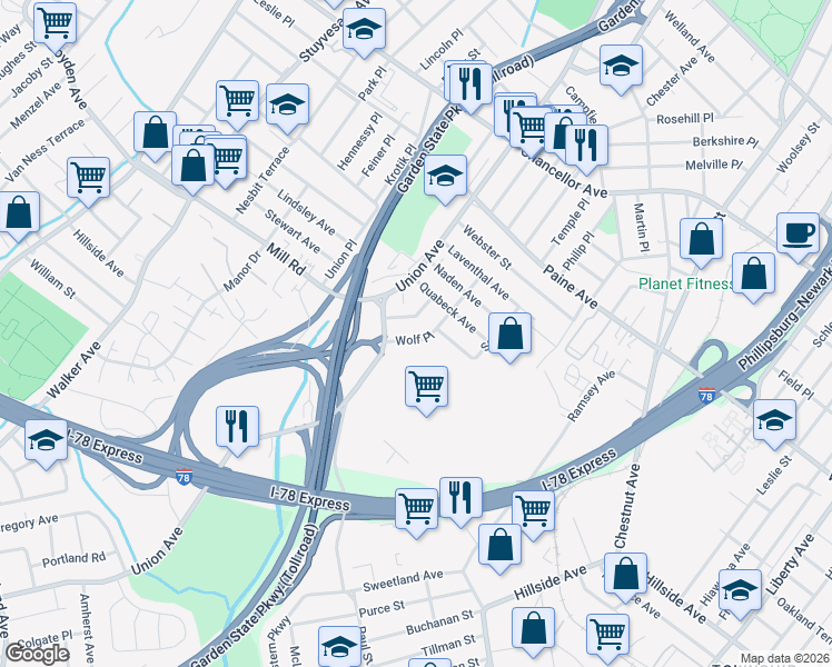 map of restaurants, bars, coffee shops, grocery stores, and more near 78 Wolf Place in Hillside