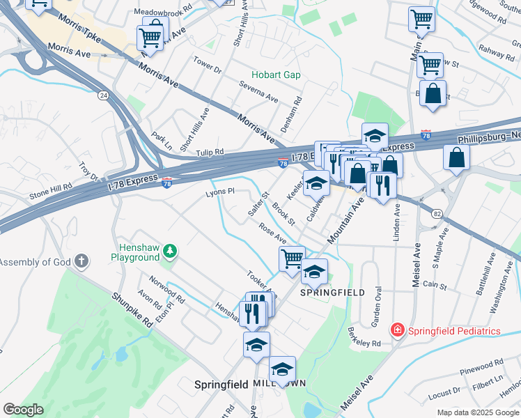 map of restaurants, bars, coffee shops, grocery stores, and more near 85 Salter Street in Springfield