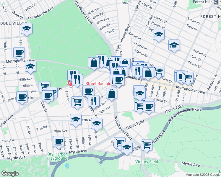 map of restaurants, bars, coffee shops, grocery stores, and more near 7312 Woodhaven Boulevard in Queens