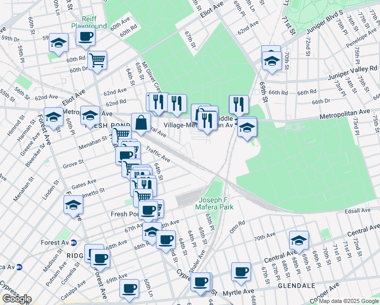 map of restaurants, bars, coffee shops, grocery stores, and more near 65101 Terrace Court in Queens