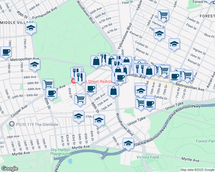 map of restaurants, bars, coffee shops, grocery stores, and more near 89-22 Rutledge Avenue in Queens