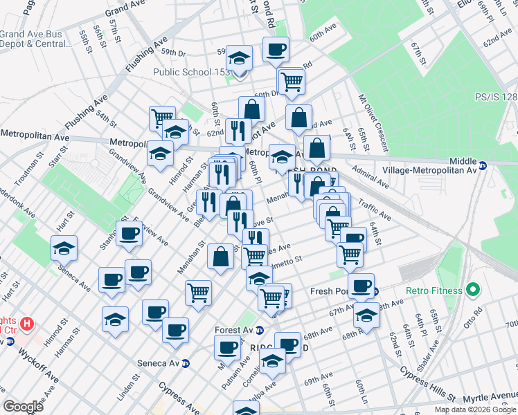 map of restaurants, bars, coffee shops, grocery stores, and more near 59-30 Menahan Street in Queens