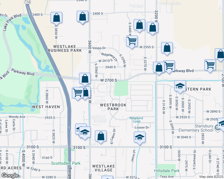 map of restaurants, bars, coffee shops, grocery stores, and more near 2749 Centerbrook Drive in West Valley City