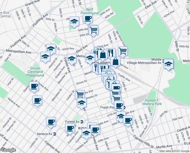 map of restaurants, bars, coffee shops, grocery stores, and more near 60-39 Grove Street in Queens