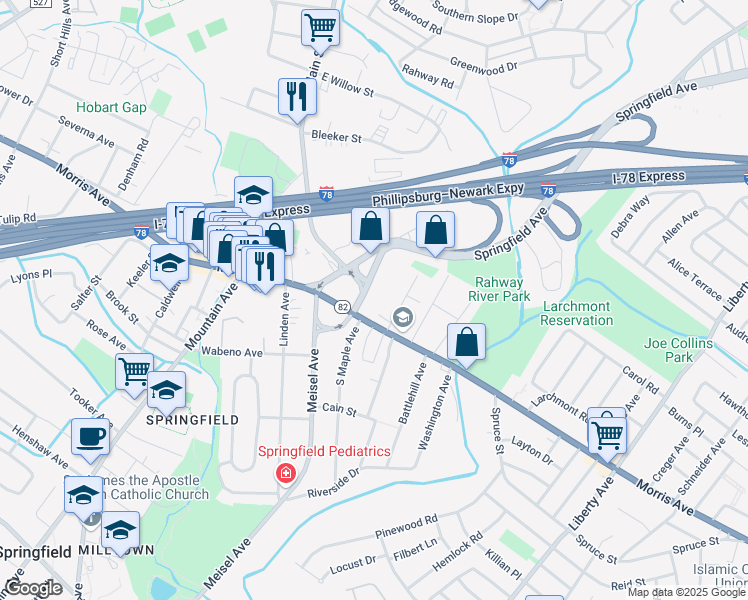 map of restaurants, bars, coffee shops, grocery stores, and more near 20 Maple Avenue in Springfield Township