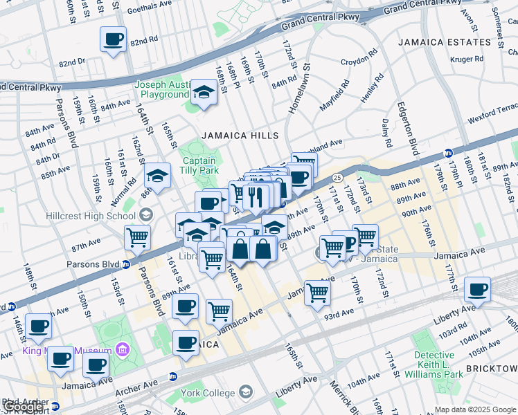 map of restaurants, bars, coffee shops, grocery stores, and more near 8753 167th Street in Queens
