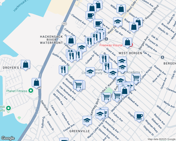 map of restaurants, bars, coffee shops, grocery stores, and more near 356 Stegman Parkway in Jersey City