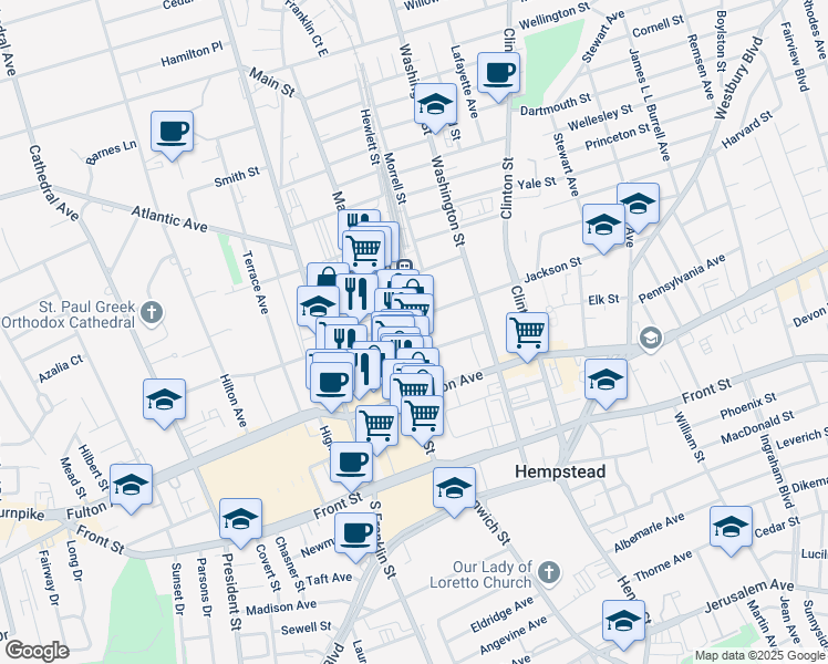 map of restaurants, bars, coffee shops, grocery stores, and more near 35 Station Plaza in Hempstead