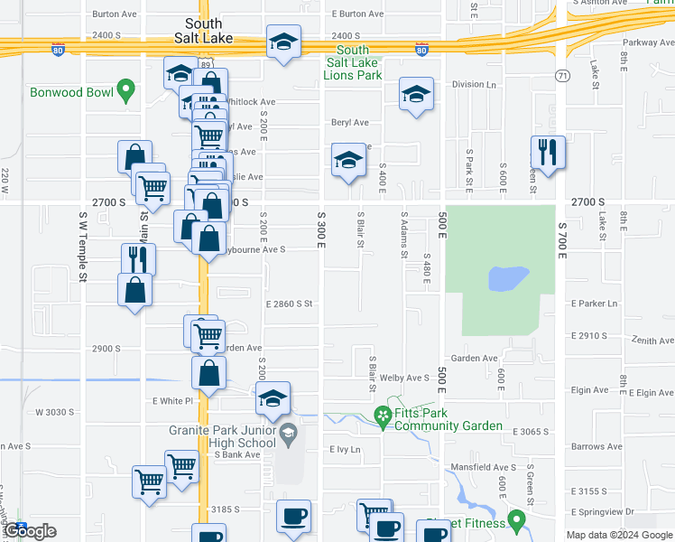 map of restaurants, bars, coffee shops, grocery stores, and more near 326 Sunset Avenue South in South Salt Lake