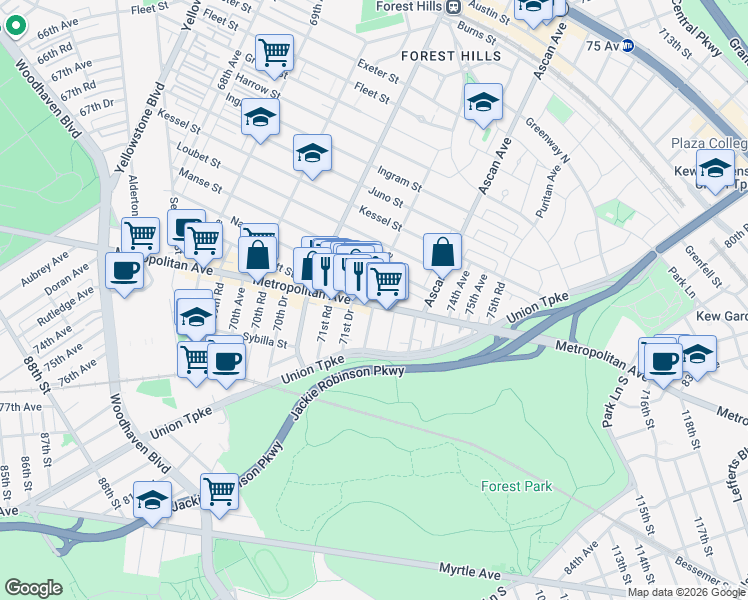 map of restaurants, bars, coffee shops, grocery stores, and more near 105-9 Metropolitan Avenue in Queens