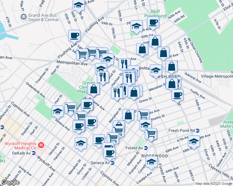 map of restaurants, bars, coffee shops, grocery stores, and more near in Queens