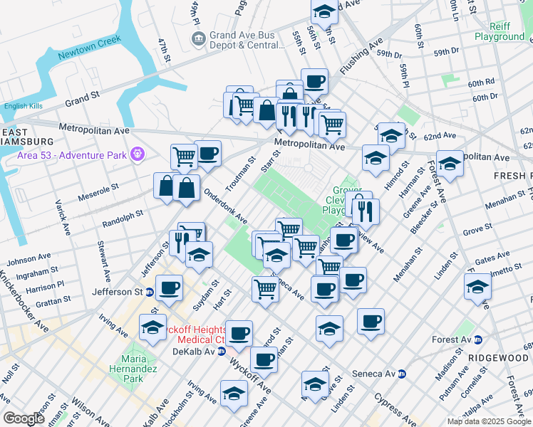 map of restaurants, bars, coffee shops, grocery stores, and more near 18-80 Suydam Street in Queens