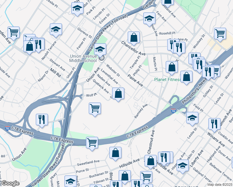 map of restaurants, bars, coffee shops, grocery stores, and more near 23 Sager Place in Irvington
