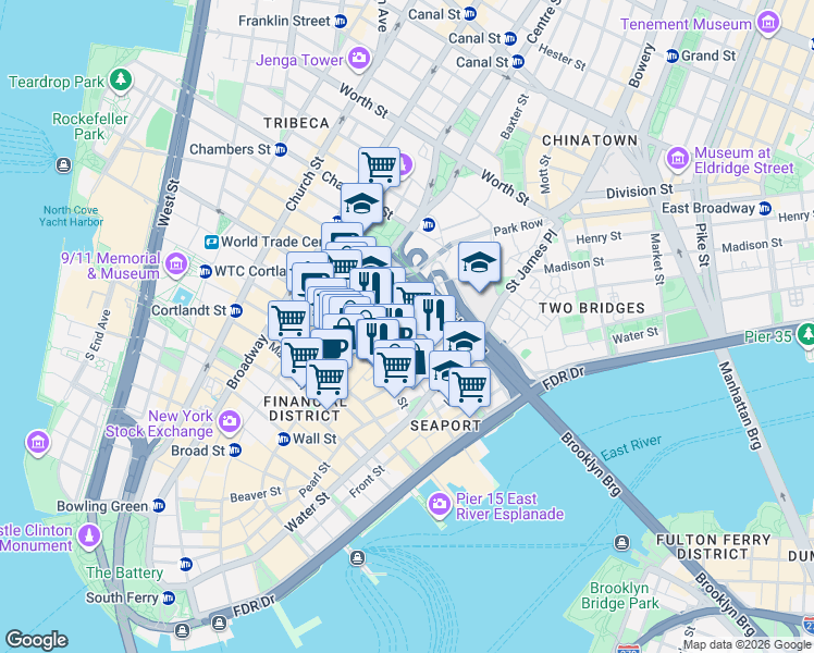 map of restaurants, bars, coffee shops, grocery stores, and more near 44 Spruce Street in New York