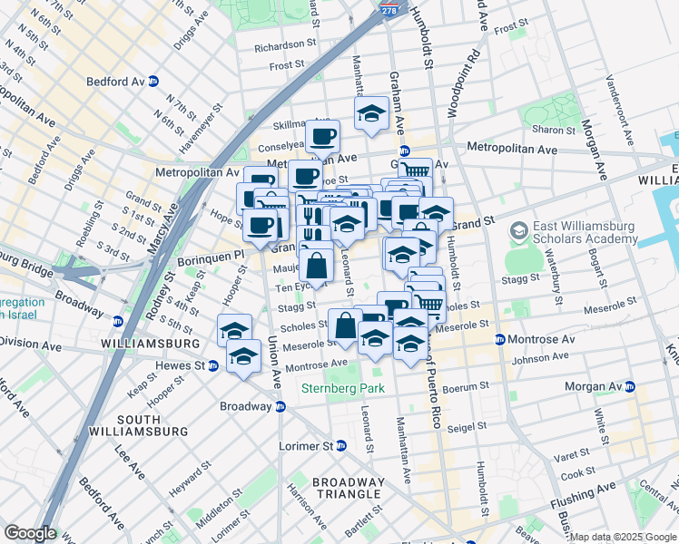 map of restaurants, bars, coffee shops, grocery stores, and more near 176 Leonard Street in Brooklyn