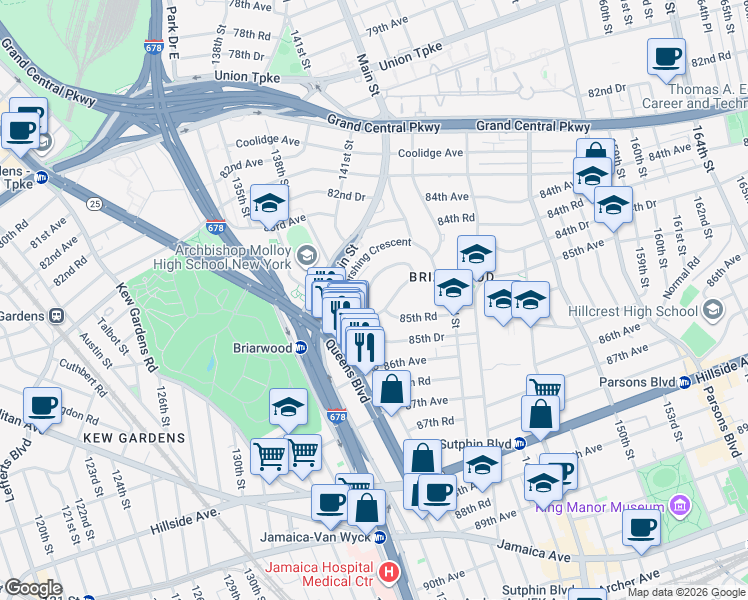 map of restaurants, bars, coffee shops, grocery stores, and more near 140-17 84th Drive in Queens