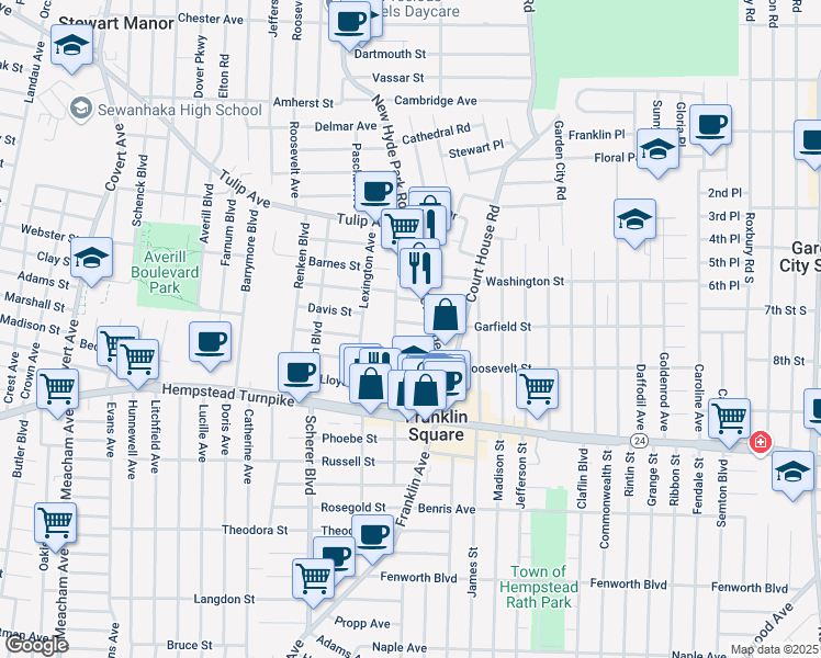 map of restaurants, bars, coffee shops, grocery stores, and more near 997 Auburn Street in Franklin Square