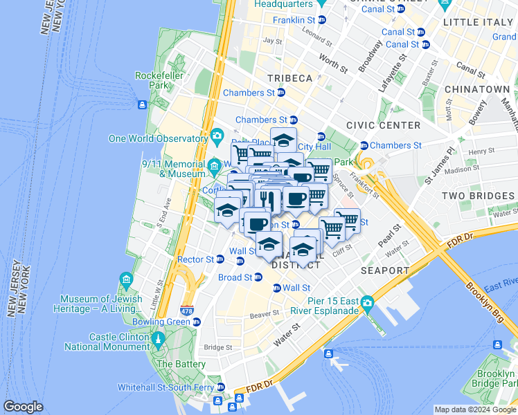 map of restaurants, bars, coffee shops, grocery stores, and more near 22 Cortlandt Street in New York