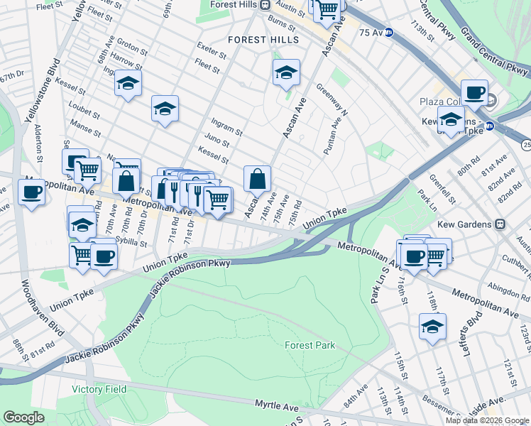 map of restaurants, bars, coffee shops, grocery stores, and more near 99-11 74th Avenue in Queens