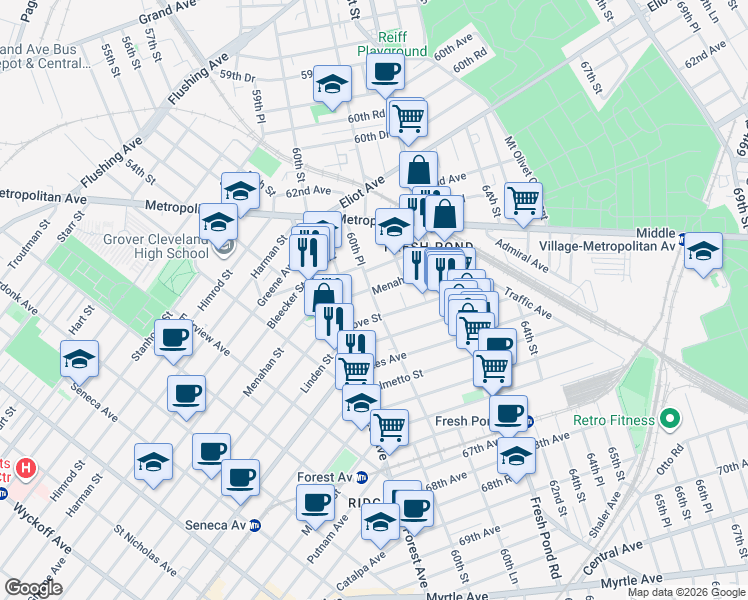 map of restaurants, bars, coffee shops, grocery stores, and more near 6353 60th Place in Queens
