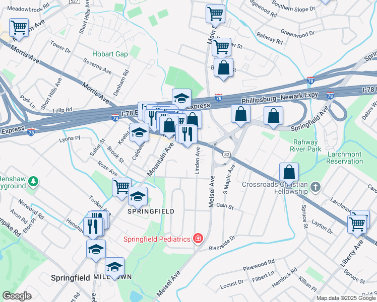 map of restaurants, bars, coffee shops, grocery stores, and more near 201 Morris Avenue in Springfield Township