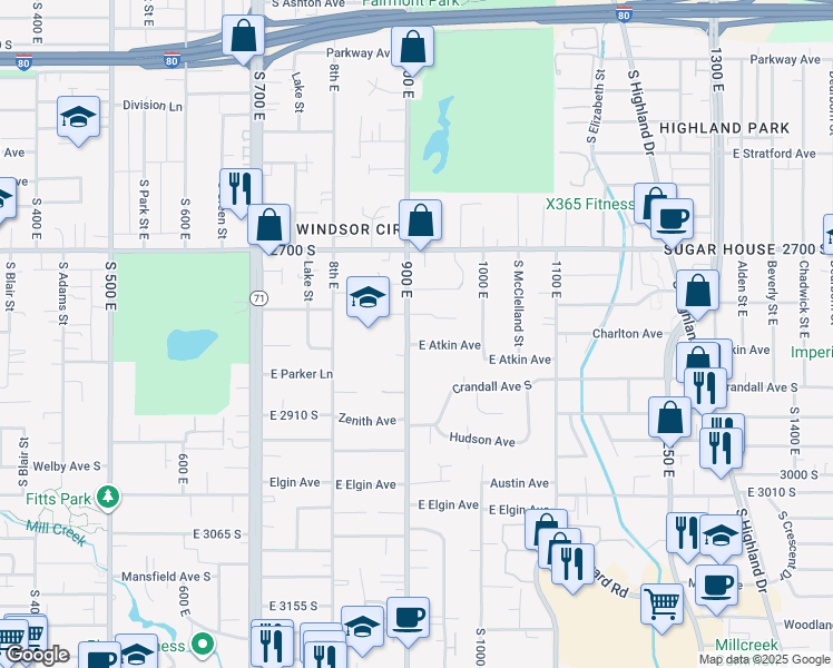 map of restaurants, bars, coffee shops, grocery stores, and more near 2813 South 900 East in Salt Lake City