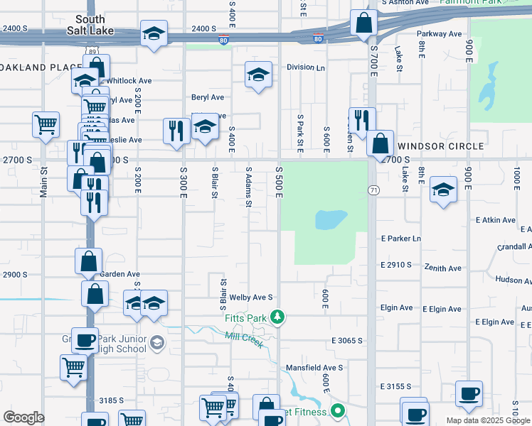 map of restaurants, bars, coffee shops, grocery stores, and more near 2816 500 East in South Salt Lake
