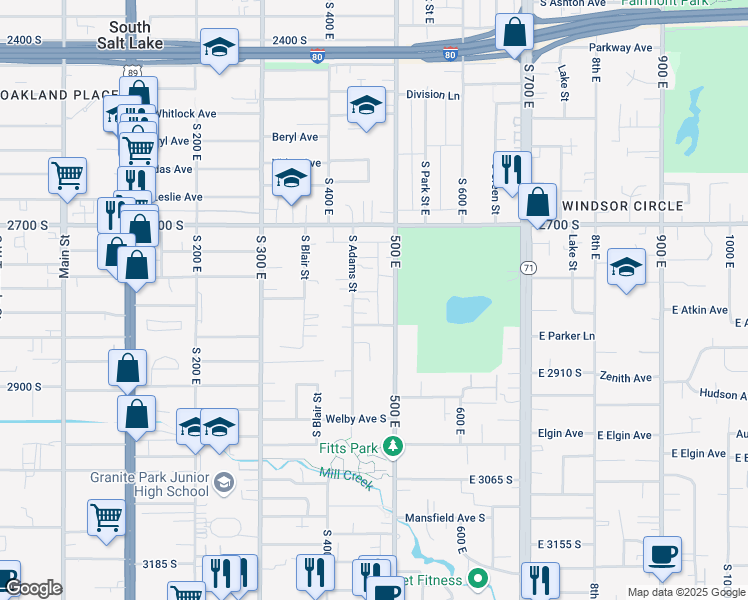 map of restaurants, bars, coffee shops, grocery stores, and more near 2816 500 East in South Salt Lake