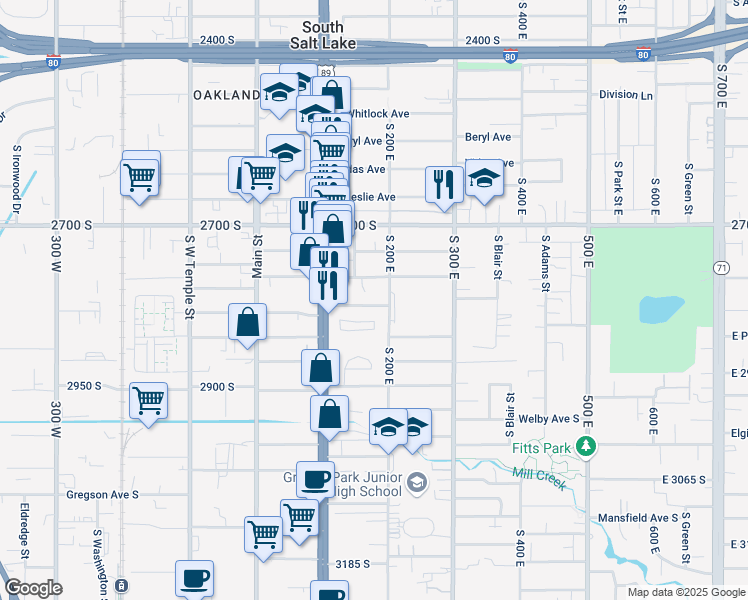 map of restaurants, bars, coffee shops, grocery stores, and more near 156 Sunset Avenue South in South Salt Lake