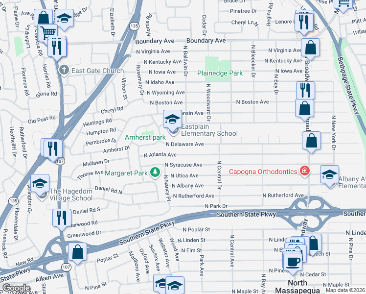 map of restaurants, bars, coffee shops, grocery stores, and more near 473 North Atlanta Avenue in Massapequa