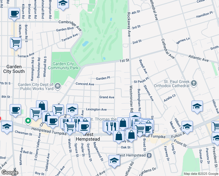 map of restaurants, bars, coffee shops, grocery stores, and more near 227 Hamilton Avenue in West Hempstead