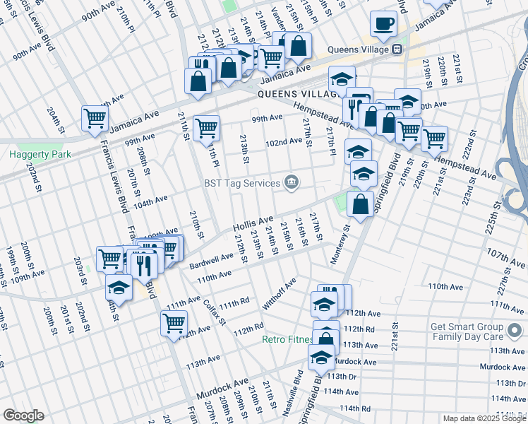 map of restaurants, bars, coffee shops, grocery stores, and more near 104-66 214th Street in Queens
