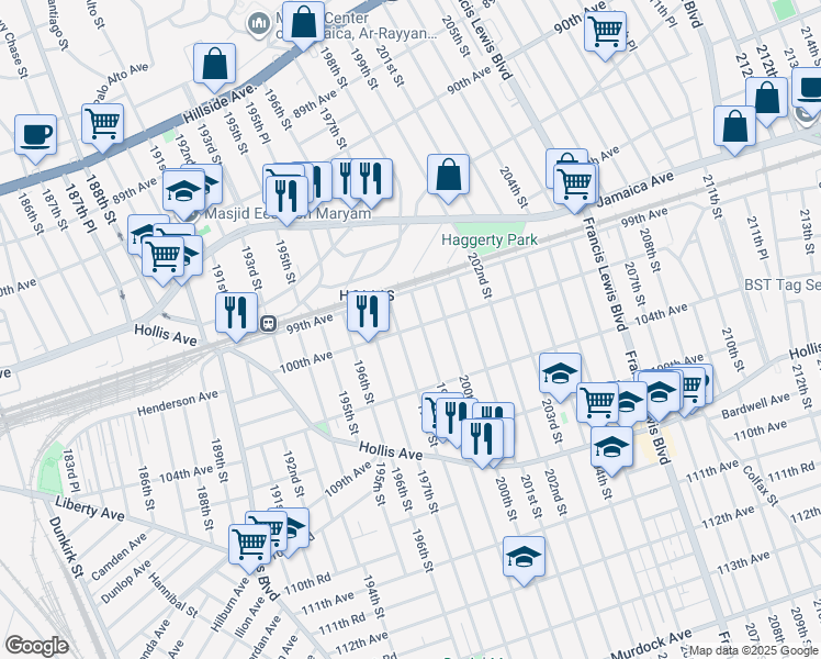map of restaurants, bars, coffee shops, grocery stores, and more near 198-02 100th Avenue in Queens